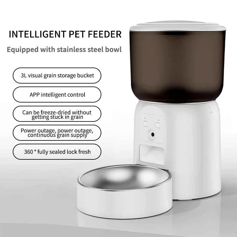 3L large capacity pet feeder, equipped with high-definition camera and stainless steel food bowl, with application