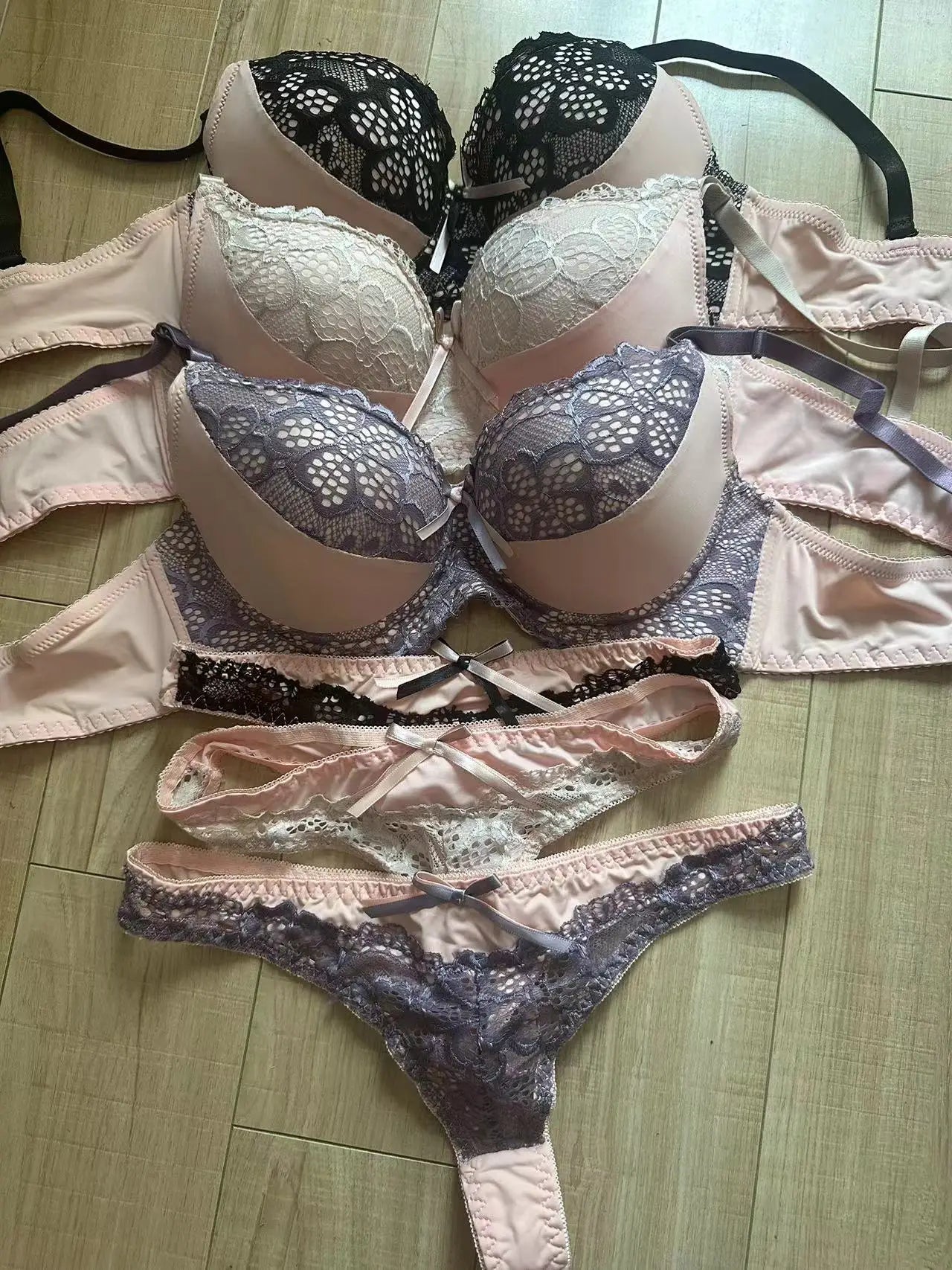 Sexy Lace Push-Up Bra & Thong Set – Plus Size Underwire Lingerie for Women, Patchwork Lace Everyday Comfort