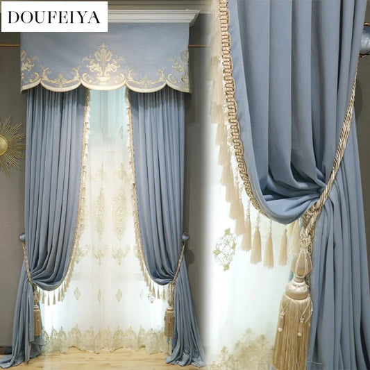 Modern European Luxury Curtains - Blue Velvet Spliced Tassel with Embroidered Tulle
