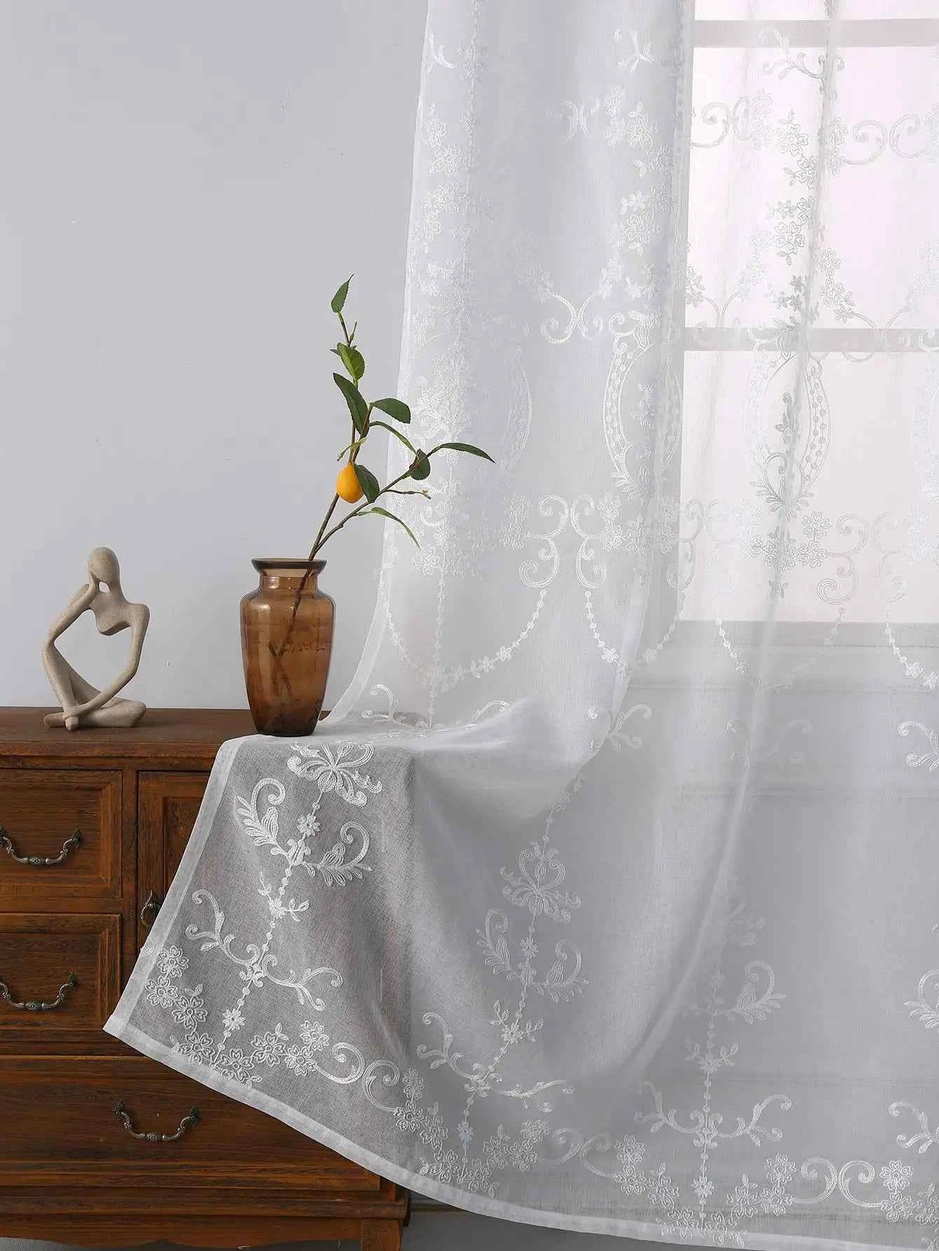 White Embroidered Floral Sheer Curtains - Elegant Voile Drapes for Living Room & Bedroom
