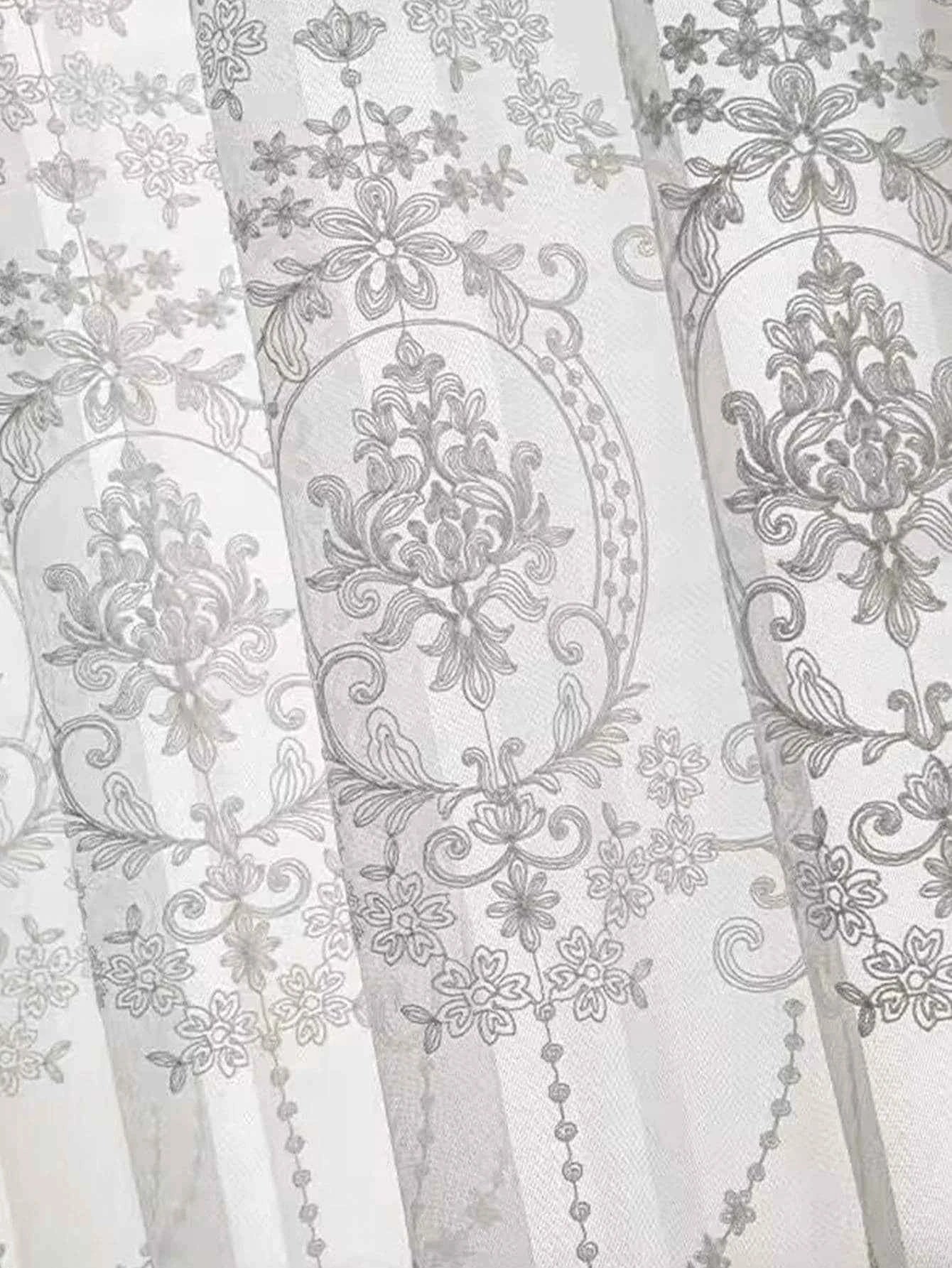 White Embroidered Floral Sheer Curtains - Elegant Voile Drapes for Living Room & Bedroom