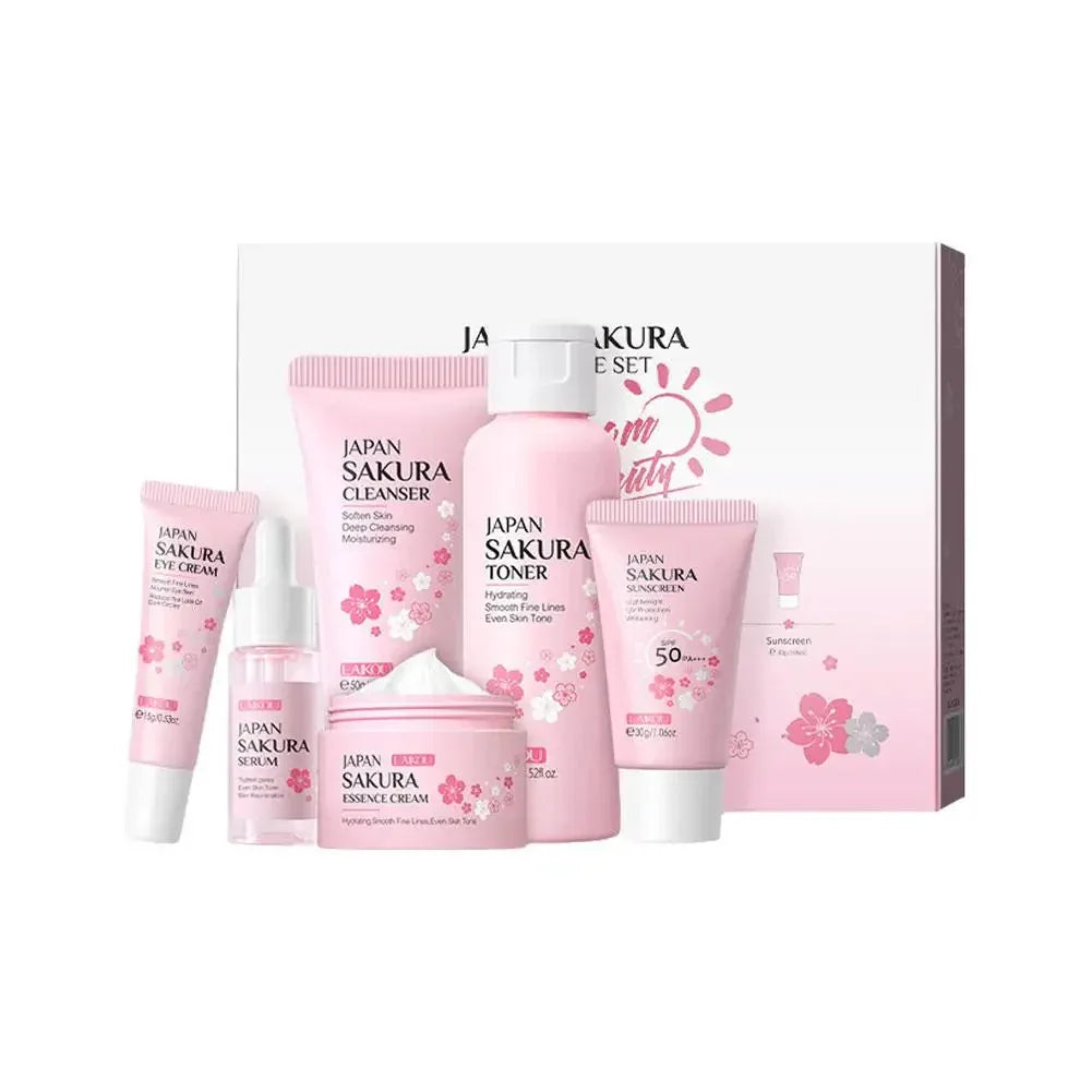 Sakura Skin Care Set - 6-Piece Complete Routine with Gift Box (Cleanser, Toner, Serum, Cream, Eye Cream, Sunscreen) - Shello's Creative Boutique