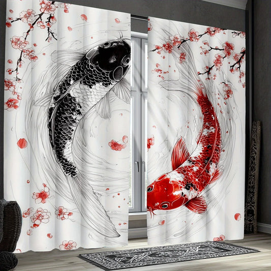 Japanese Koi Fish Blackout Curtains – Ukiyo-e Cherry Blossom Drapes (2 Pack) - Shello's Creative Boutique