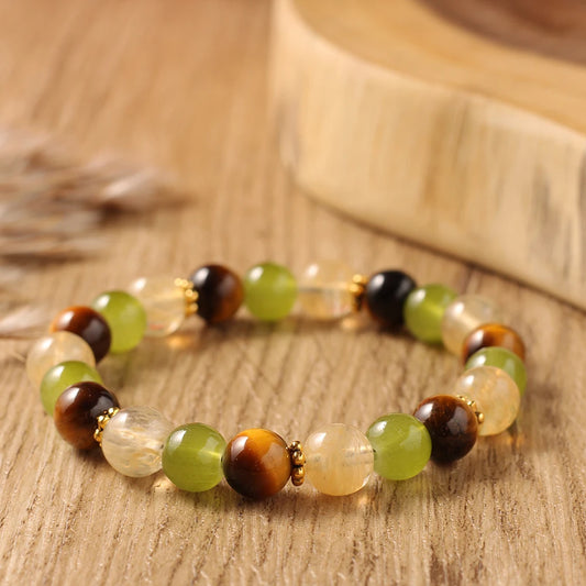 Tiger Eye, Citrine & Green Jade Natural Stone Beaded Bracelet with Gold Spacers