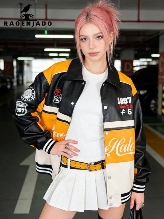 Women's Faux Leather Jacket Motorcycle Bomber Windproof Coat Spring&Autumn Warm Plus Size Baseball Coat Color-blocked Embroidery - Shello's Creative Boutique