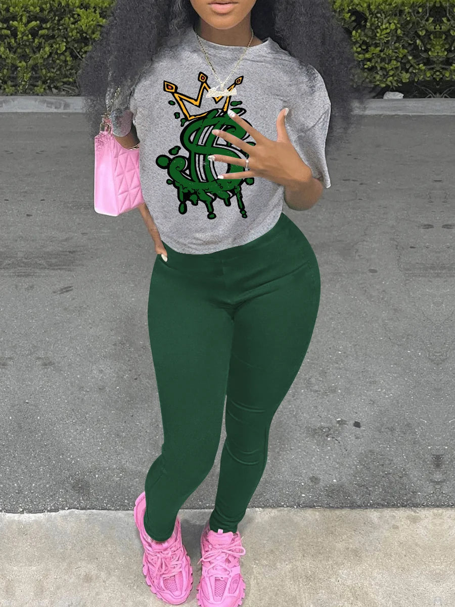 SIM WANG Crown Letter Print Y2K Pants Set – Summer Graphic T-Shirt & Skinny Pencil Pants 2-Piece Casual Outfit for Women