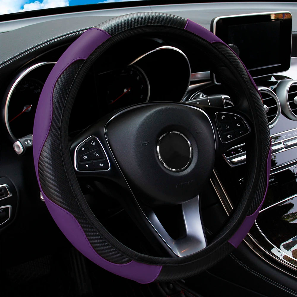 PU Carbon Fiber Leather Car Steering Wheel Cover - 14.5-15 Inches
