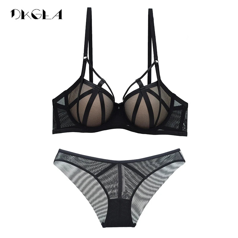 DKGEA Black Bandage Push-Up Bra & Brief Set – Sexy Deep V Floral Embroidered Lingerie for Women (B–D Cup, Sizes 70–95)