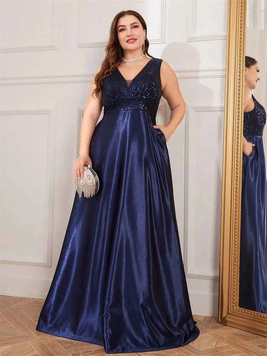 Plus Size Elegant Sequins Evening Dress For Women 2025 Deep V-neck Satin Prom Party Dress Floor Length Formal Bridesmaid Gowns