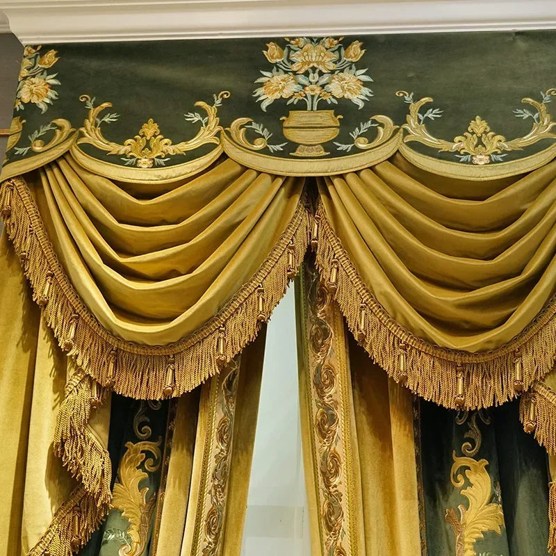 Luxury European Olive Green Velvet Embroidered Curtains - Custom Premium Drapes