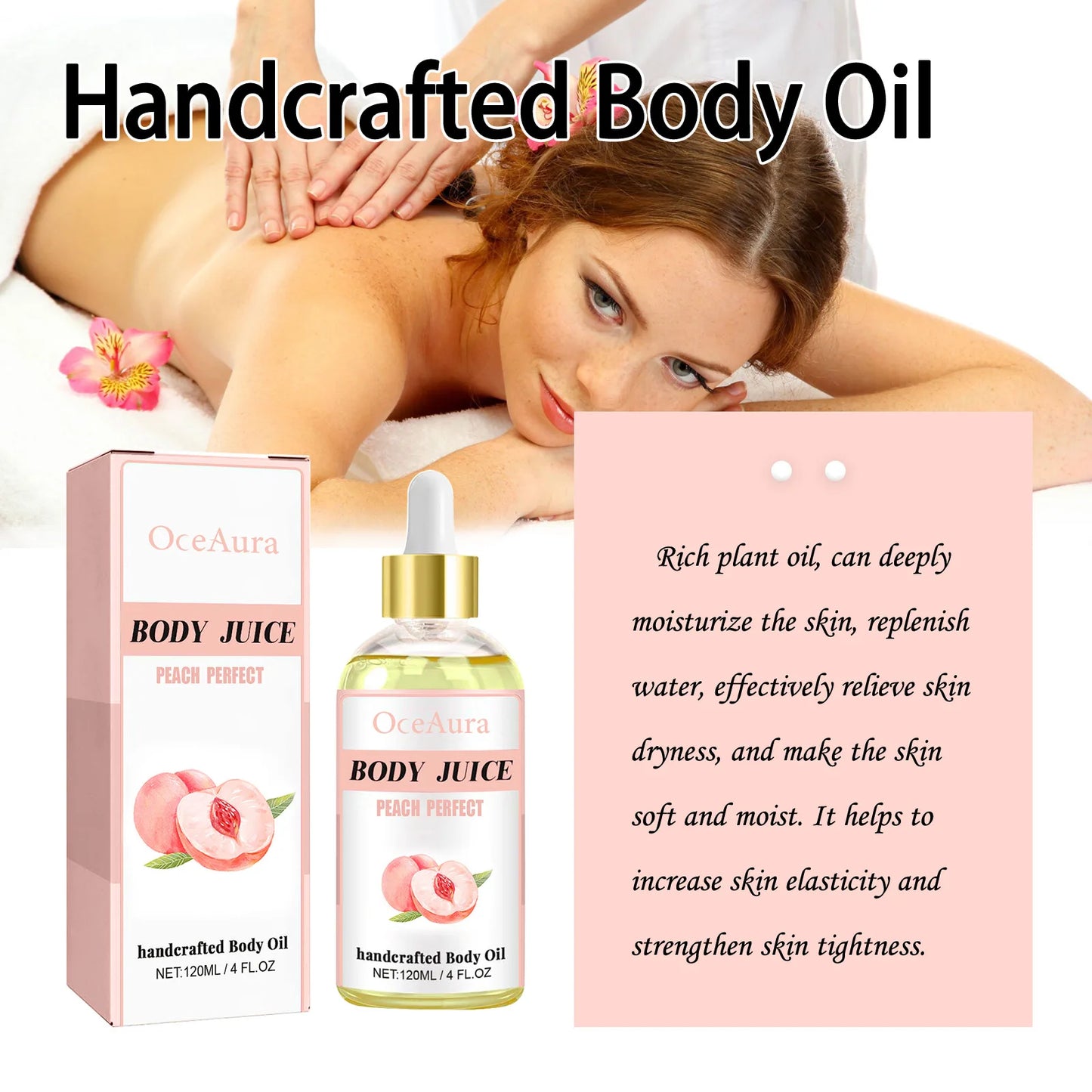 OceAura Peach Body Oil – 4 Oz Moisturizing & Tightening Massage Elixir - Shello's Creative Boutique