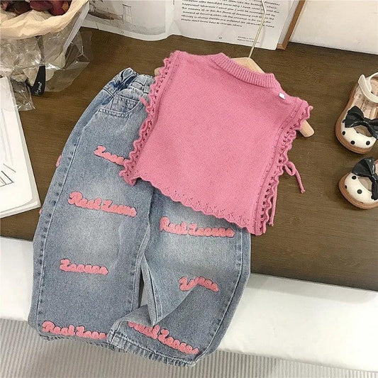 Girls’ Pink Knitted Waistcoat & Denim Jeans Set – Fashion Toddler Summer Outfit (Ages 2–7) - Shello's Creative Boutique
