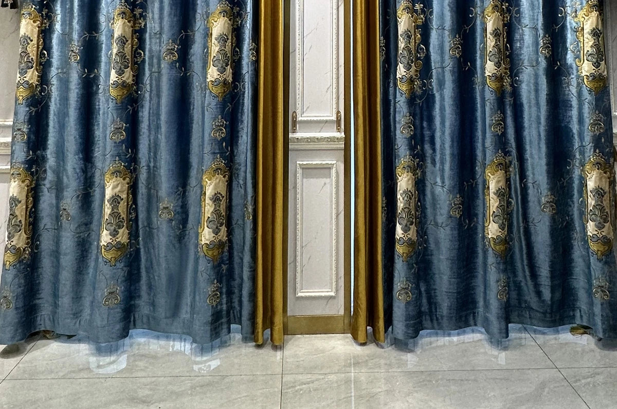 French European Blue Velvet Blackout Curtains - Custom Bay Window Drapes with Tulle Valance