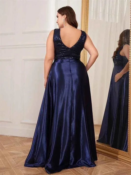 Plus Size Sequin Evening Dress - Deep V-Neck Satin Prom Gown | Floor Length - Shello's Creative Boutique