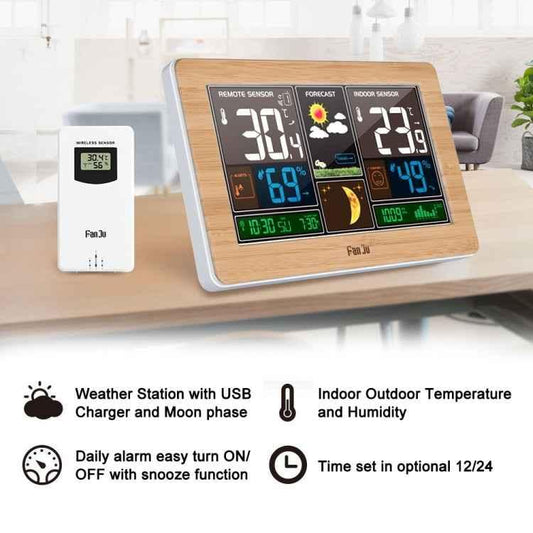 FUJU Wood Grain Weather Station Digital Clock Alarm Thermometer Hygrometer, Digital Clock Alarm - Shello's Creative Boutique