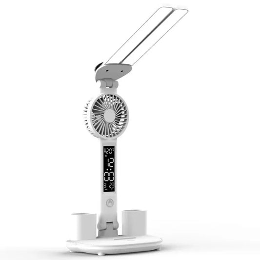 Double Head Lighting LED Fan Desk Lamp with Pen Holder & Clock - Shello's Creative Boutique