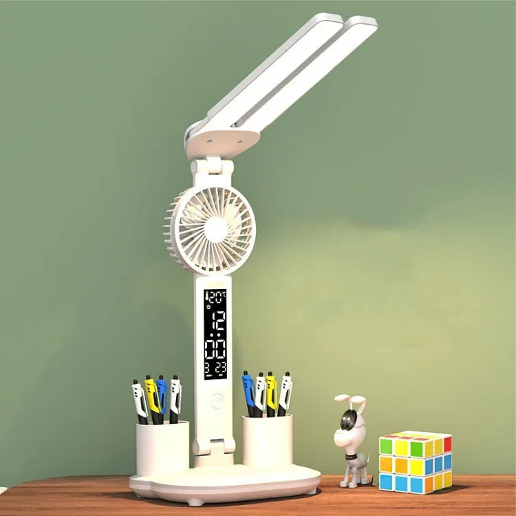 Double Head Lighting LED Fan Desk Lamp with Pen Holder & Clock - Shello's Creative Boutique