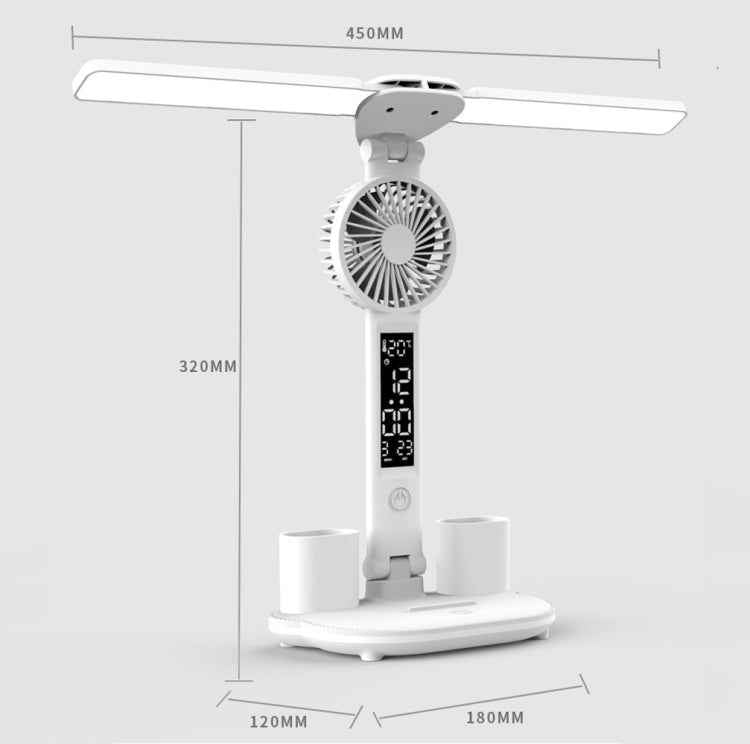 Double Head Lighting LED Fan Desk Lamp with Pen Holder & Clock