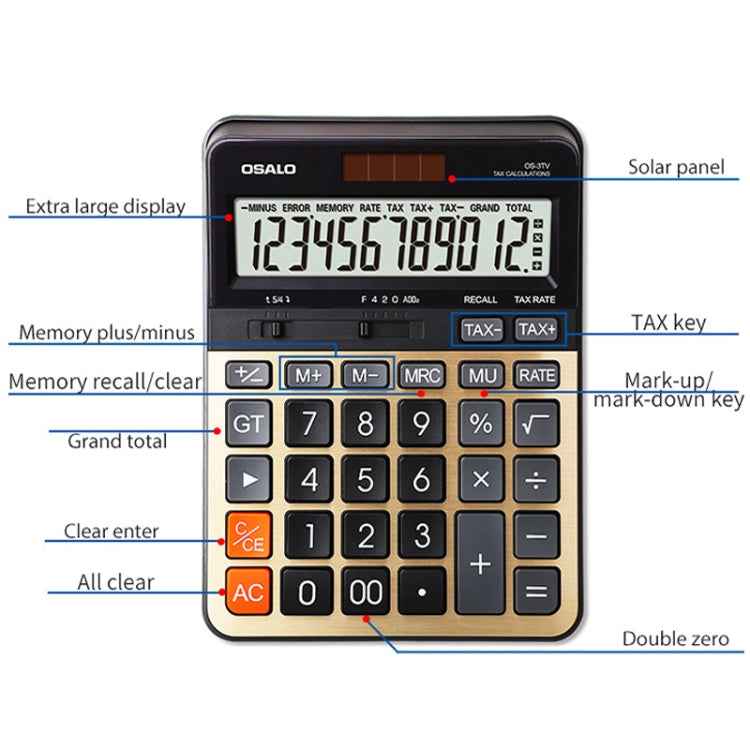 OSALO OS-3TV 12-digit LCD Screen Solar Dual Power Supply Desktop Calculator