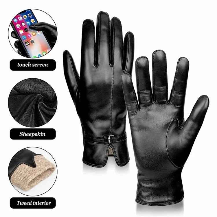 Women Sheepskin Wool Fleece Lined Windproof Warm Gloves Touchscreen Thick Snow Driving Gloves