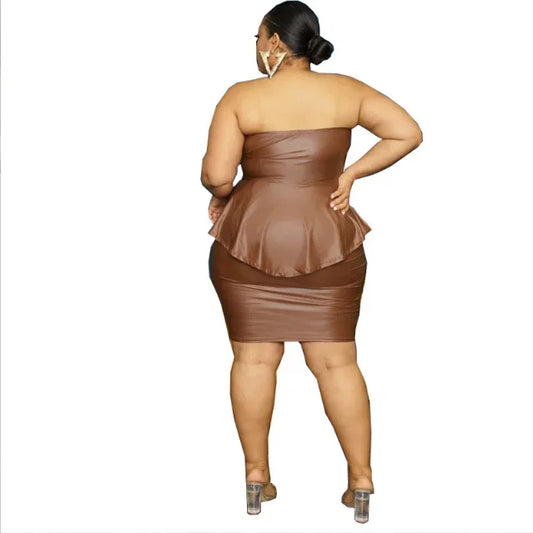 Plus Size PU Two-Piece Club Set - Tube Top & Bodycon Skirt (XL-5XL) - Shello's Creative Boutique