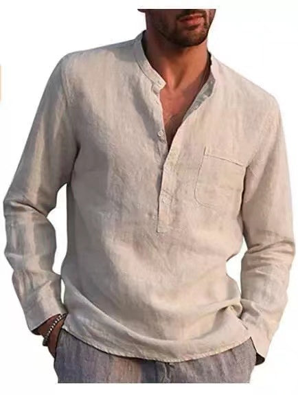 Men Four Seasons Leisure Long Sleeve Woven Flax Shirt Shello Creative Boutique