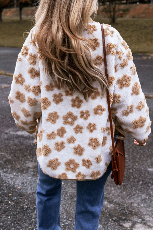 Light French Beige Fleece Jacket - Floral Button-Up Coat - Shello's Creative Boutique