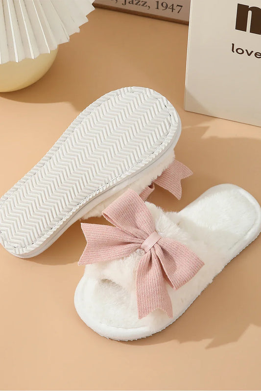 White Bowknot Fluffy Slippers - Cosy Home Slippers for Women - Shello's Creative Boutique
