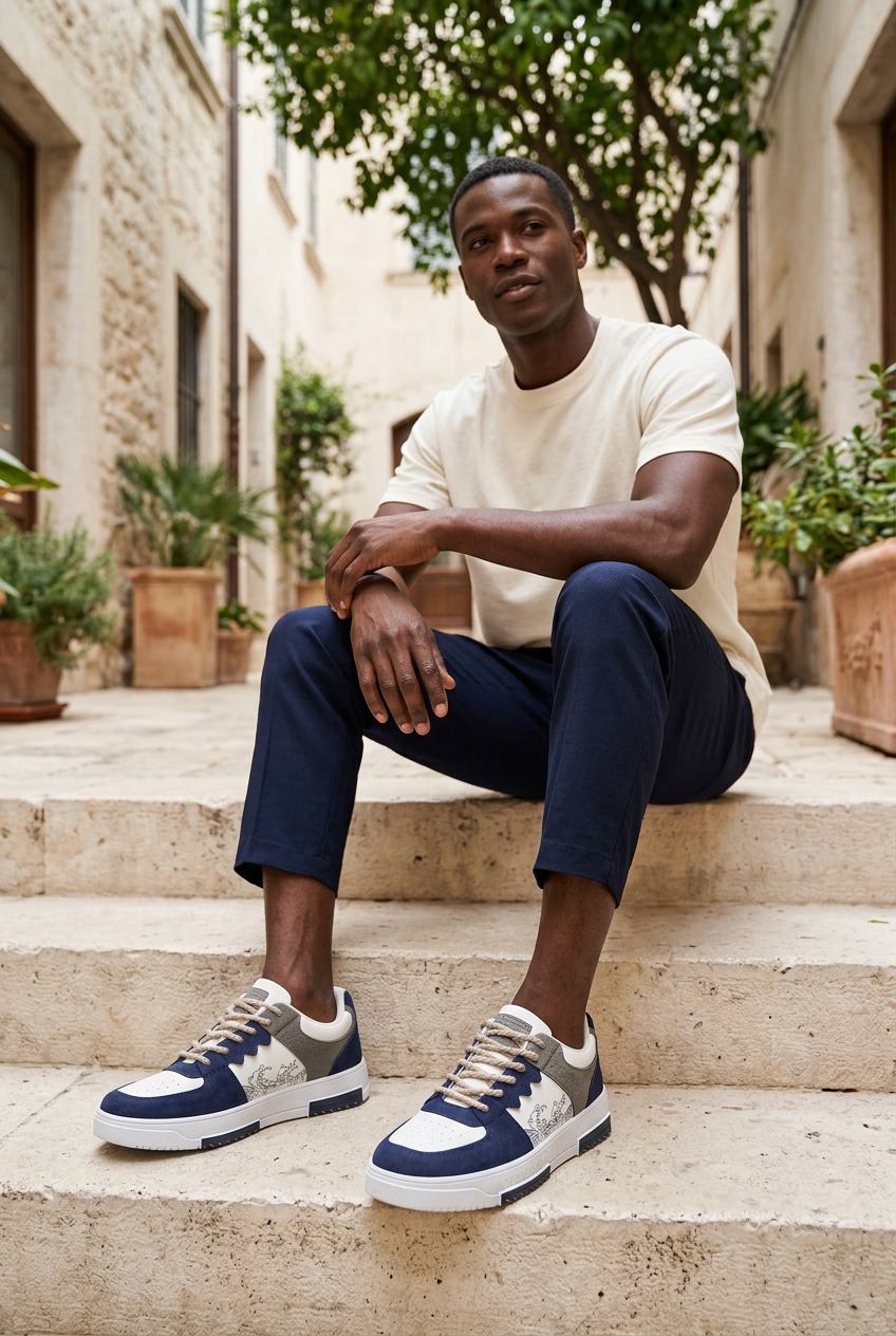 Black male model wearing navy and white trainers