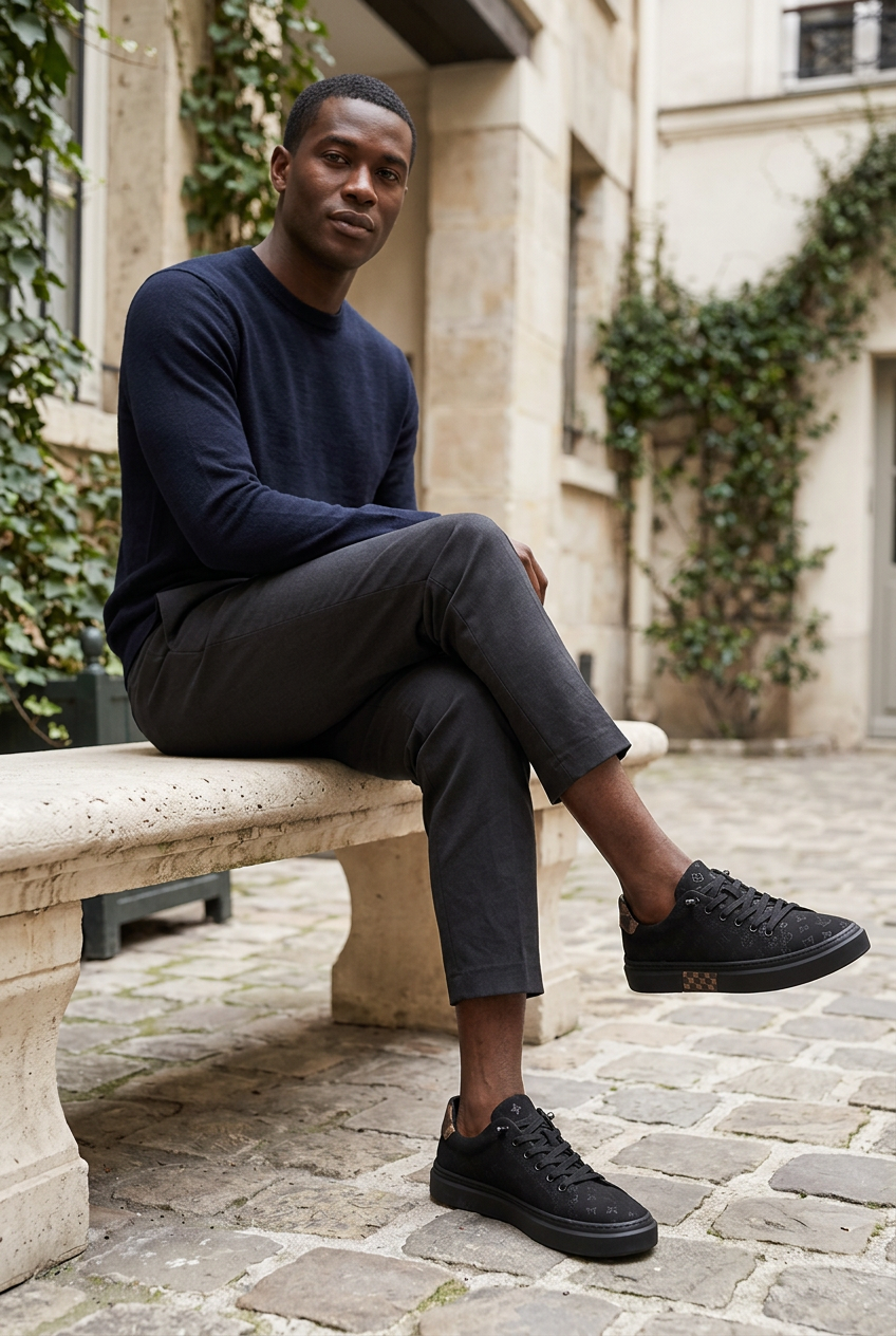 Black male model wearing the all-black trainers