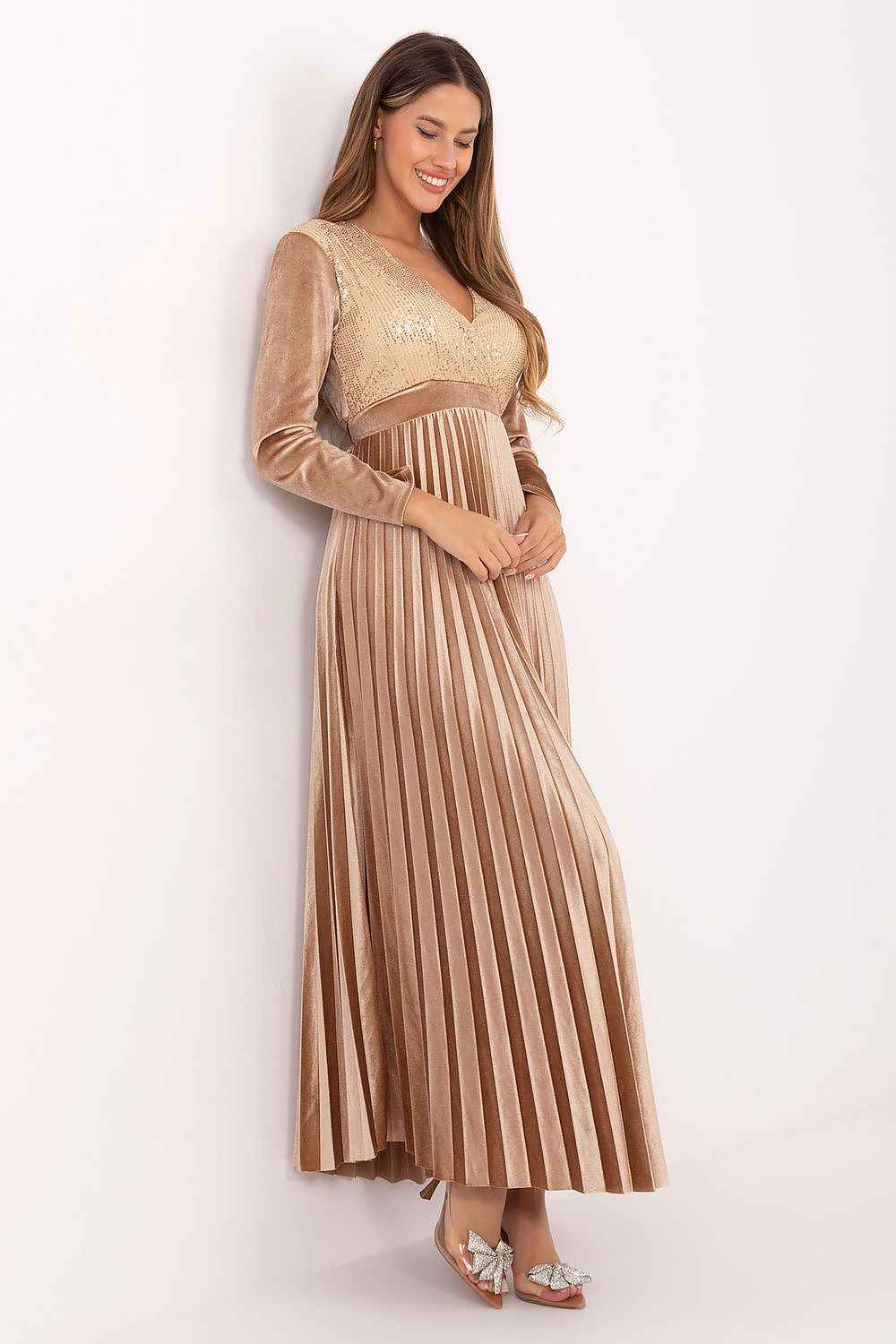 Elegant Beige Sequin Maxi Dress - Long Sleeve Evening Gown | Italy Moda