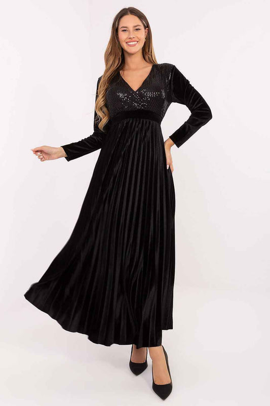 Spectacular Black Sequin Maxi Dress - Long Sleeve Evening Gown | Italy Moda