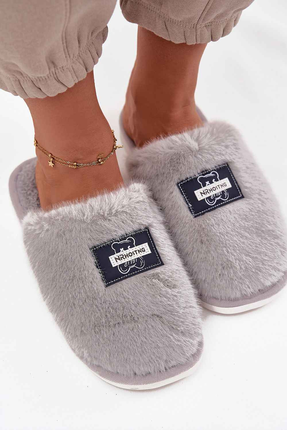 Cozy Grey Fur Slippers with Teddy Bear Motif - Warm Winter House Slippers | Inblu