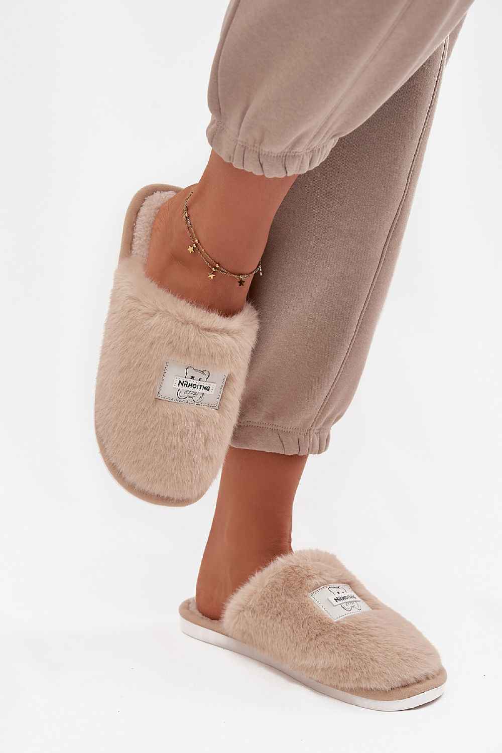 Cozy Beige Fur Slippers with Bear Motif - Warm Winter House Slippers | Inblu