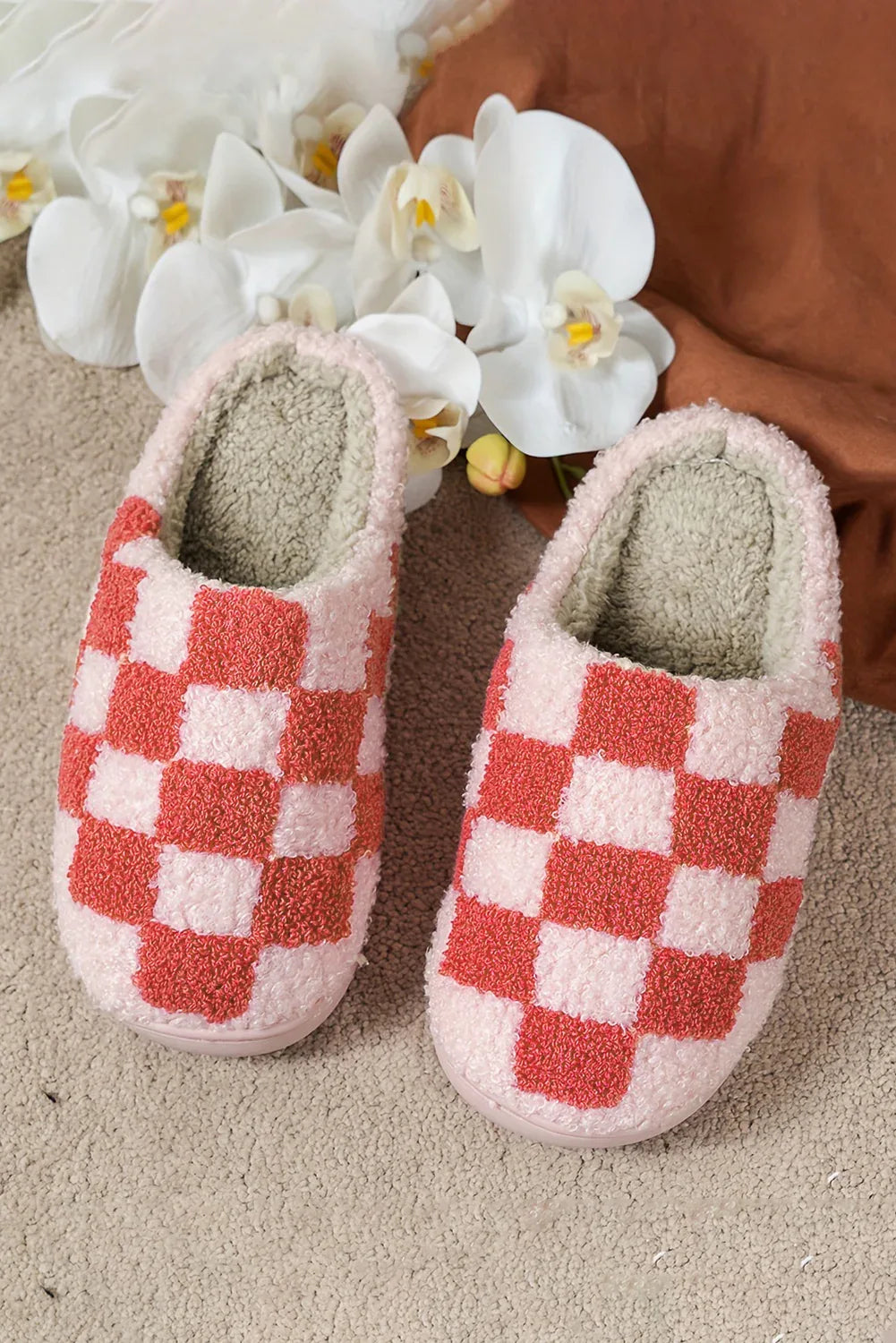 Fiery Red Checkered Print Fuzzy Slip-On Winter Slippers – Bold Warmth Meets Everyday Comfort - Shello's Creative Boutique