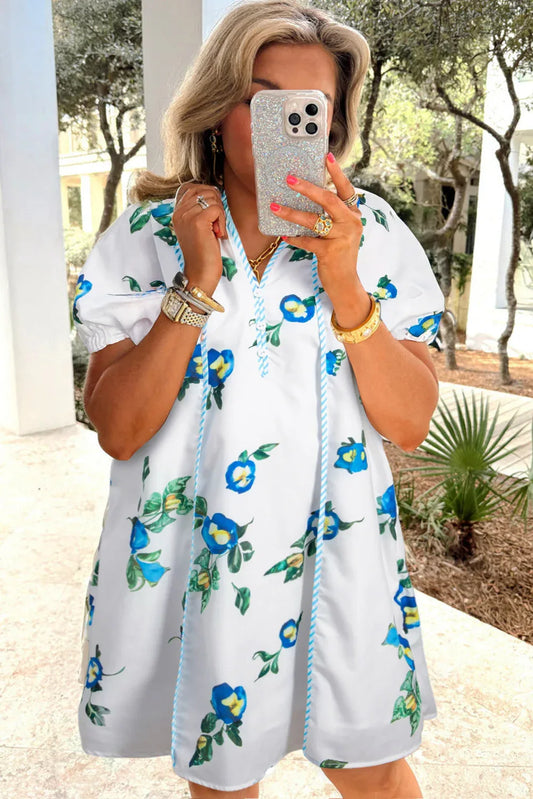 White Plus Size Floral Puff Sleeve Contrast Tie V Neck Flowy Dress - Shello's Creative Boutique