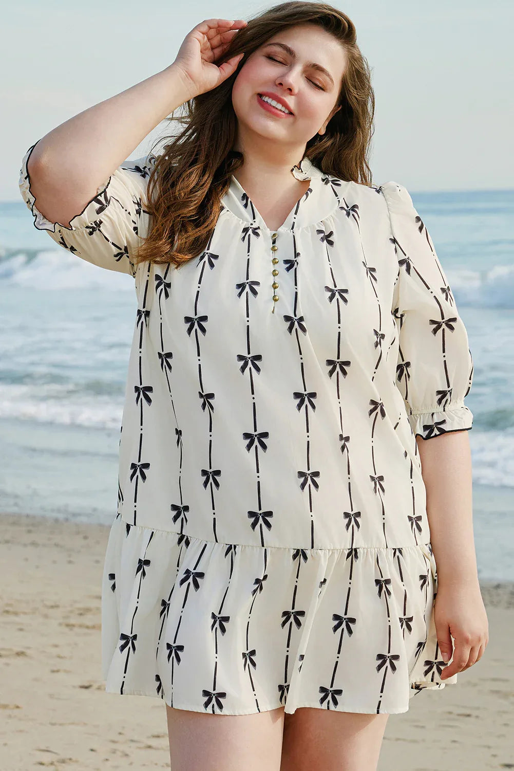 Apricot Striped Bow Print Puff Sleeve Ruffle Plus Size Mini Dress - Shello's Creative Boutique