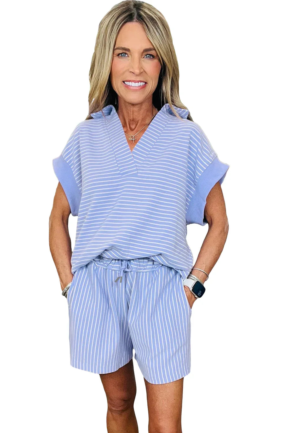 Sky Blue Striped Dolman Sleeve Pullover and Drawstring Shorts Set - Shello's Creative Boutique