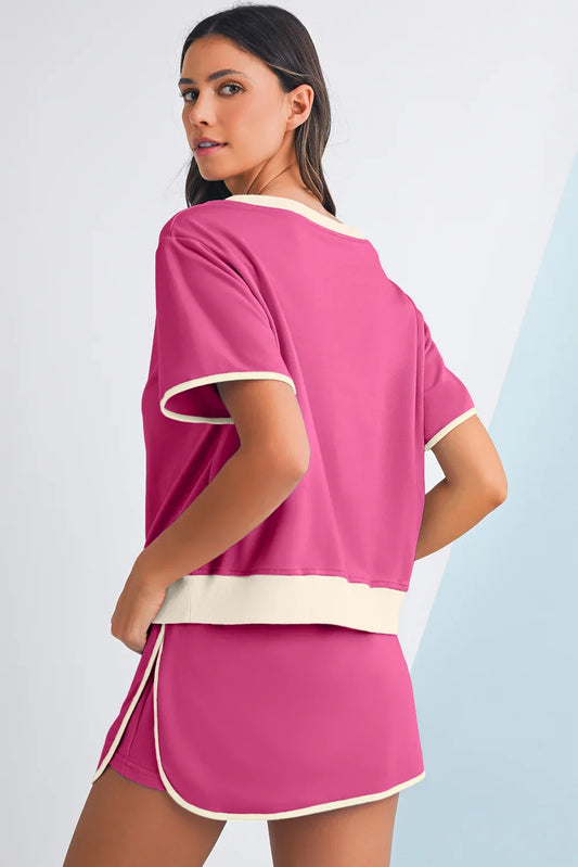 Rose Red Edge Drop Shoulder T-Shirt and Skirt Set - Sporty-Chic Style with a Modern Edge! - Shello's Creative Boutique