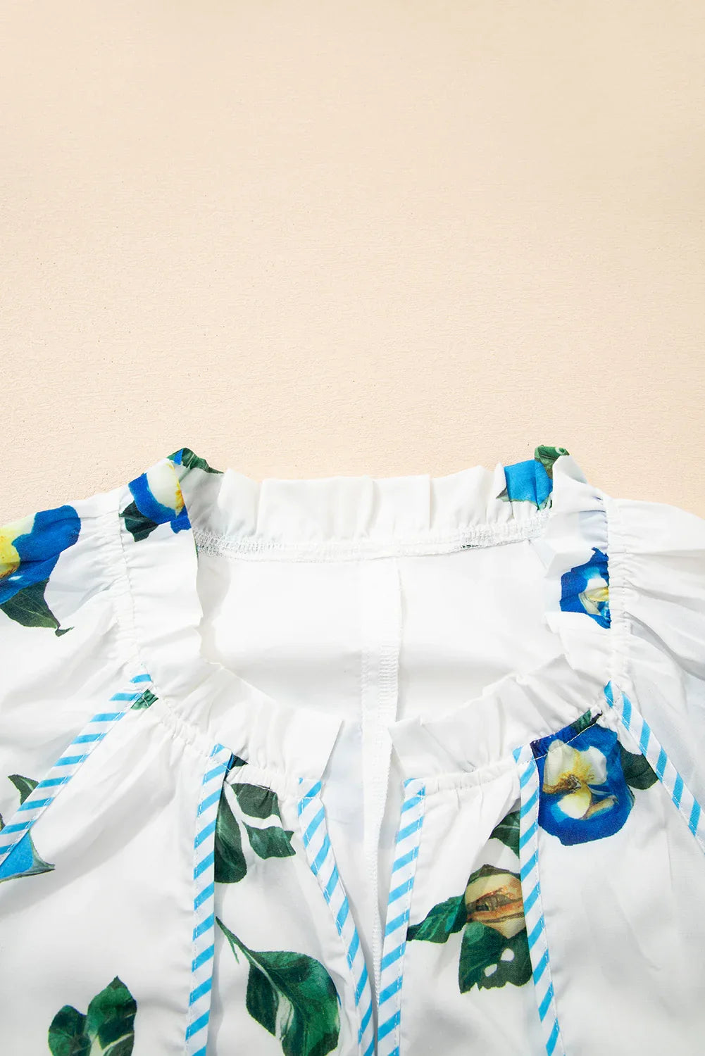 White Plus Size Floral Puff Sleeve Contrast Tie V Neck Flowy Dress - Shello's Creative Boutique
