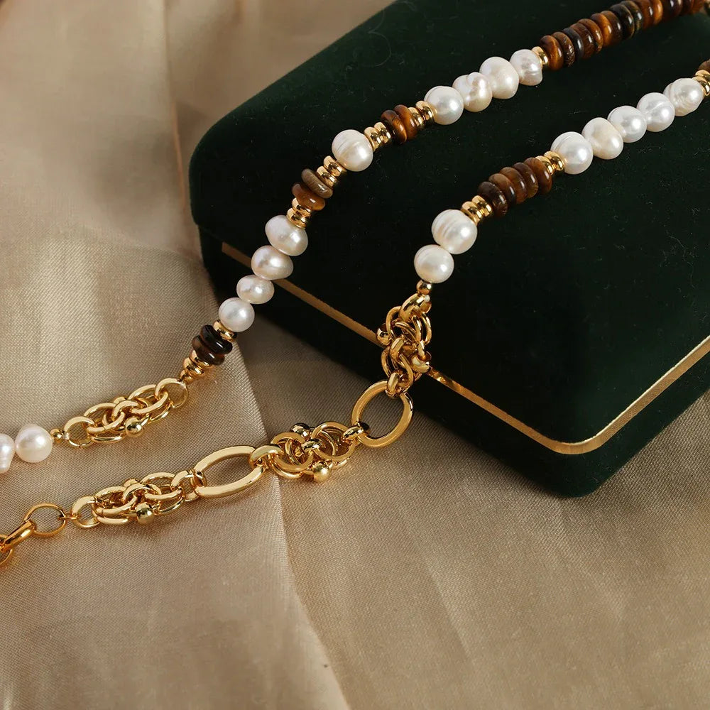 18k gold light luxury retro tiger eye stone with pearl beading design palace style necklace and bracelet set - Shello's Creative Boutique