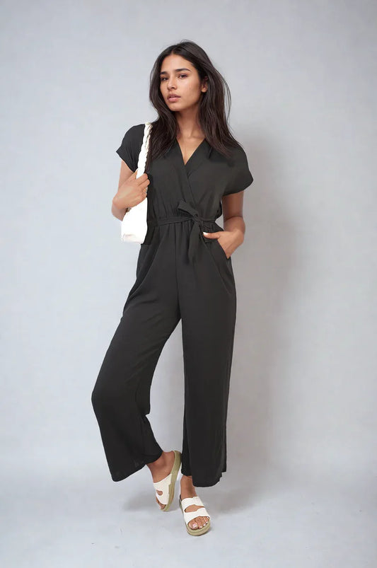 Belted V Neck Jumpsuit with Side Pockets - Shello's Creative Boutique
