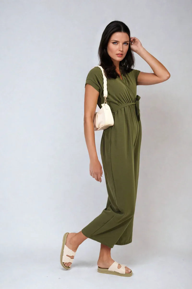Belted V Neck Jumpsuit with Side Pockets - Shello's Creative Boutique