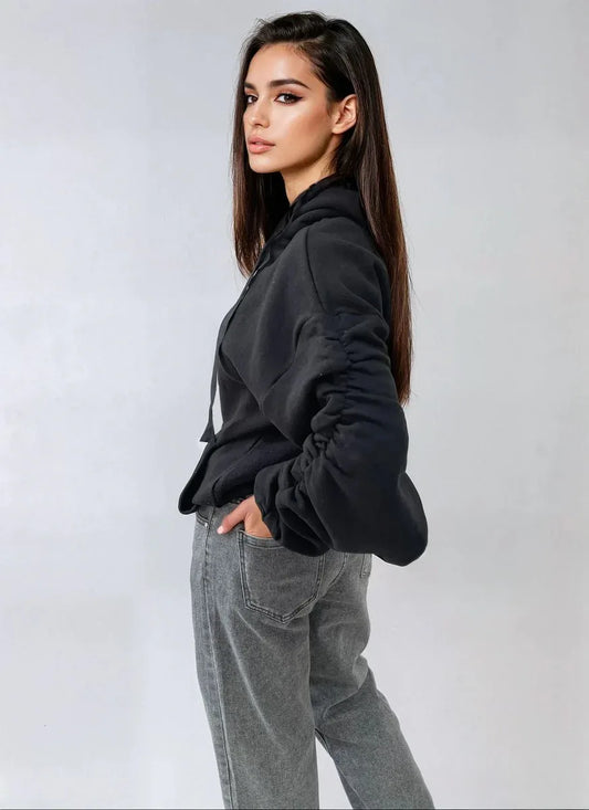 Ruched Sleeve Oversized Hoodie with Front Pouch Pocket - Shello's Creative Boutique