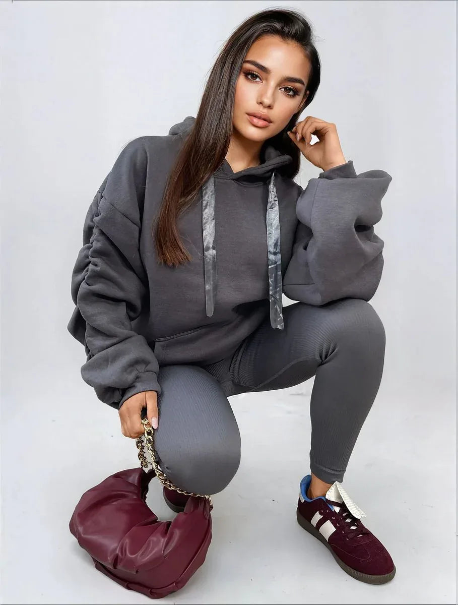 Ruched Sleeve Oversized Hoodie with Front Pouch Pocket - Shello's Creative Boutique