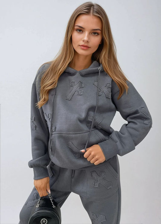 Cross Detail Oversized Hoodie and Jogger Co-ord Set Moda
