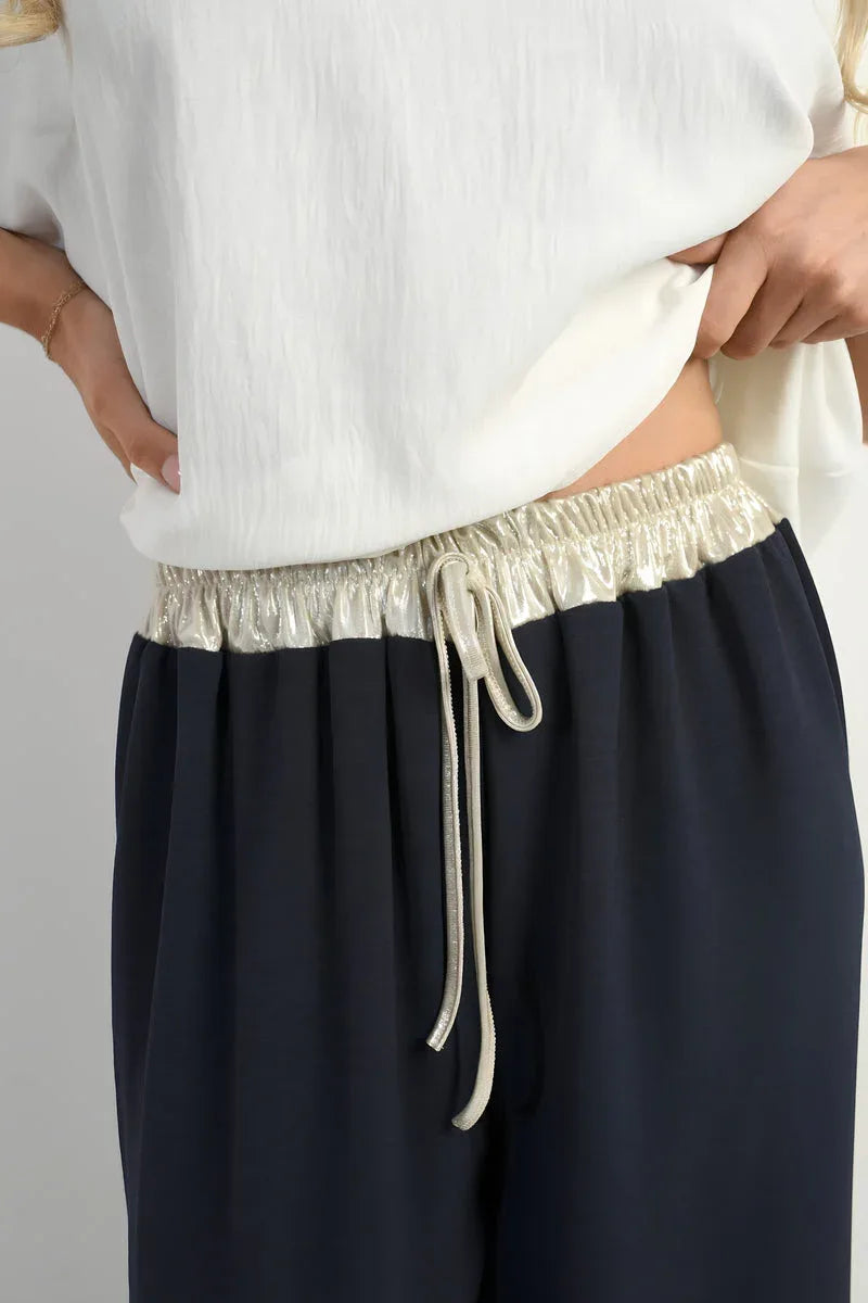 Drawstring Shiny Waist Wide Leg Trousers - Statement Style - Shello's Creative Boutique