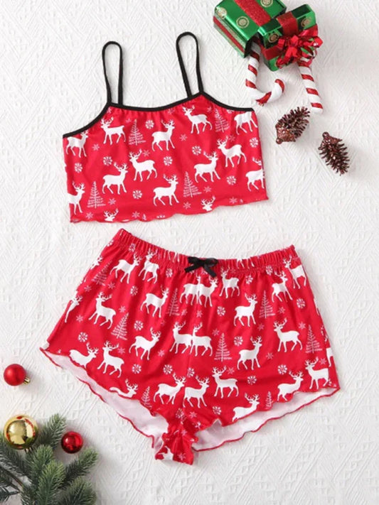 Women Holiday Santa Print Sleeveless Pyjama Set - Shello's Creative Boutique