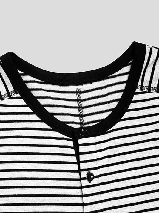 Men's Slim Striped Print Crew Neck Button Long Sleeve Trousers One Piece Pajama - Shello's Creative Boutique