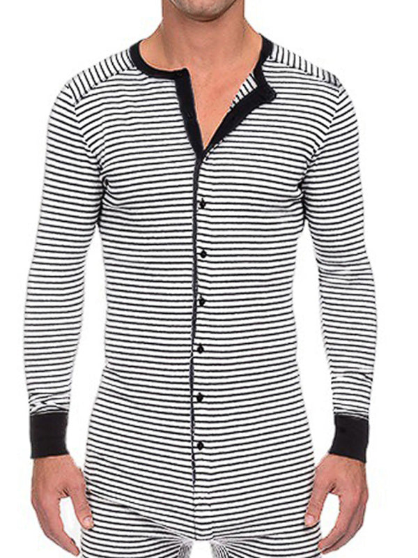 Men's Slim Striped Print Crew Neck Button Long Sleeve Trousers One Piece Pajama Shello's Creative Boutique